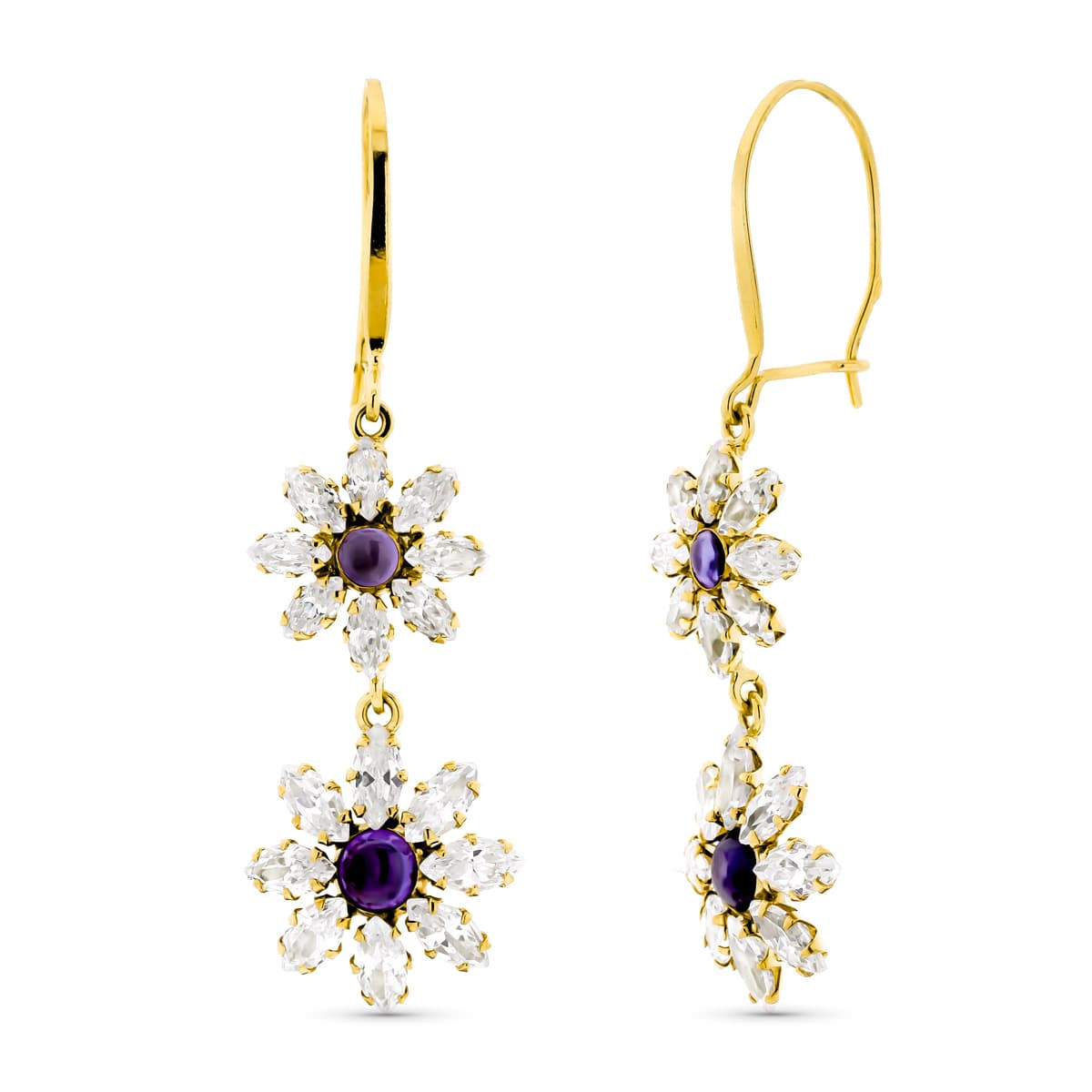 18K PENDIENTES ORO AMARILLO LARGOS FLORES CIERRE GANCHO