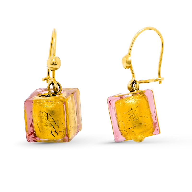 18K PENDIENTES ORO AMARILLO MURANO CUBO. 26X10 MM CIERRE PRESION