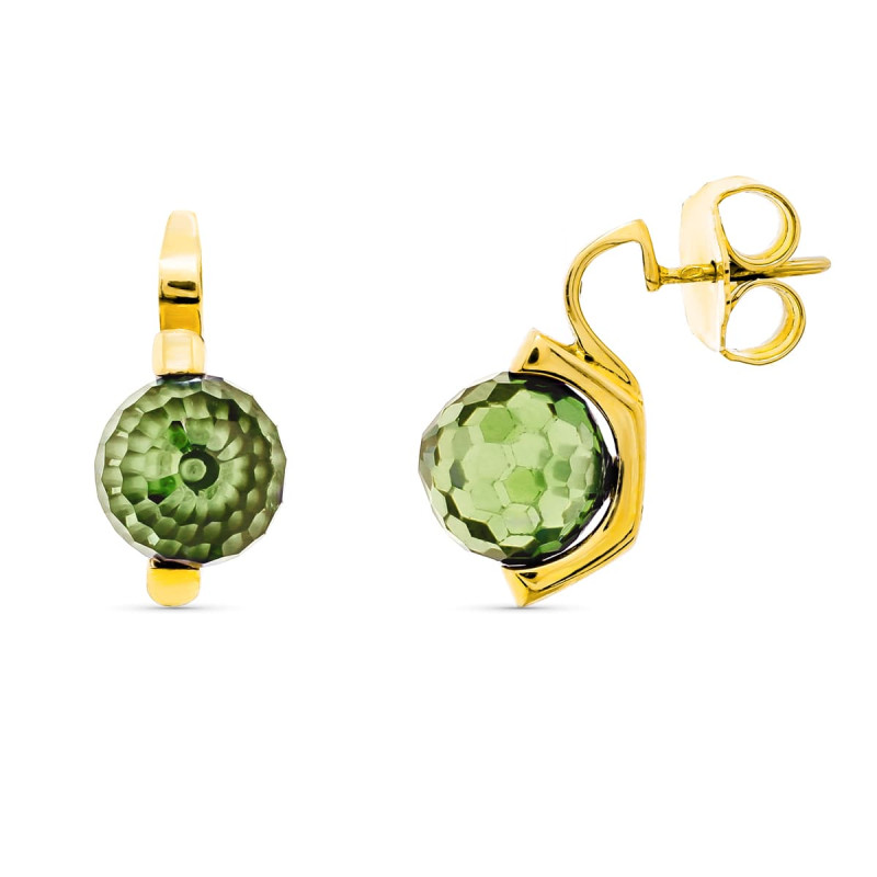 18K PENDIENTES ORO AMARILLO PIEDRA COLOR VERDE 10 MM CIERRE PRESION