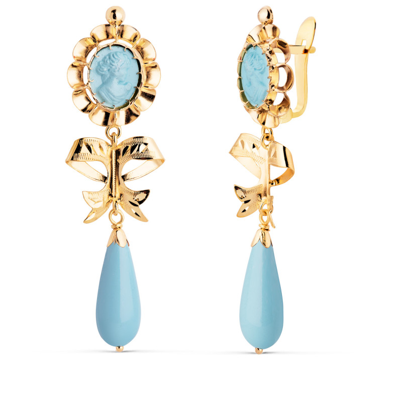 18K PENDIENTES CUBANAS ORO AMARILLO TURQUESA CAMAFEO Y LAGRIMA CON LAZO. 53X14 MM. CIERRE CATALAN