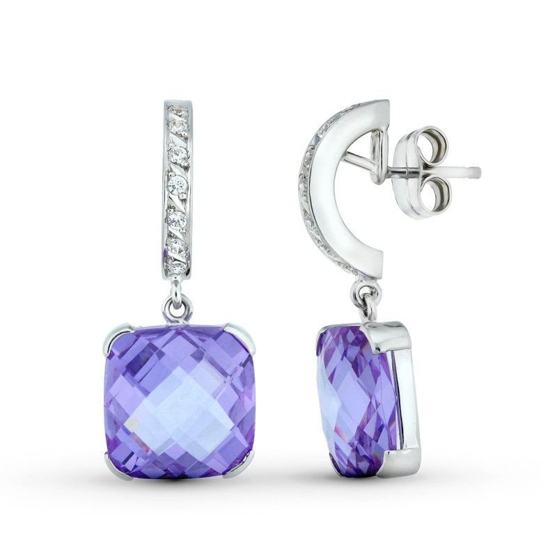 18K PENDIENTES ORO BLANCO PIEDRA  COLOR AMATISTA  30X12 MM CIERRE PRESION