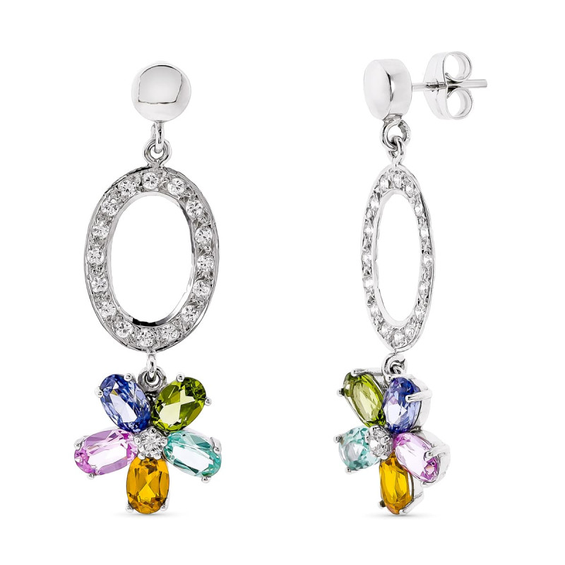 18K PENDIENTES LARGOS ORO BLANCO PIEDRAS COLOR 42X13 MM CIERRE PRESION