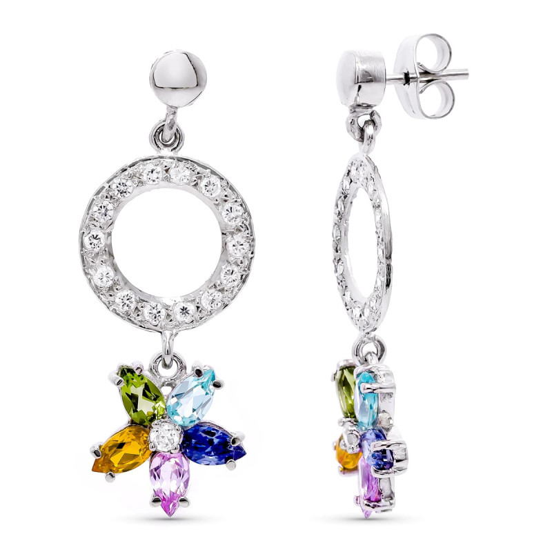 18K PENDIENTES LARGOS ORO BLANCO Y PIEDRAS DE COLORES.36X14 MM CIERRE PRESION