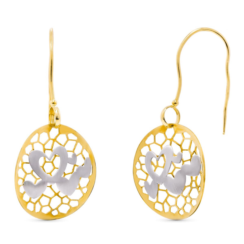 18K PENDIENTES LARGOS BICOLOR CORAZONES CALADOS 40X19 MM CIERRE GANCHO