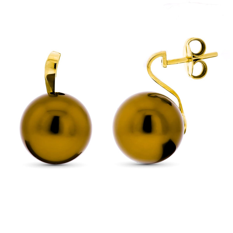18K PENDIENTES ORO AMARILLO PERLA MARRON 15 MM CIERRE PRESION