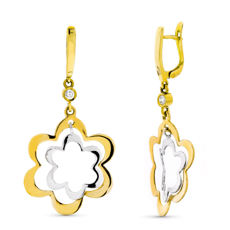 18K PENDIENTES ORO TRICOLOR LARGOS FLORES CIERRE CATALAN
