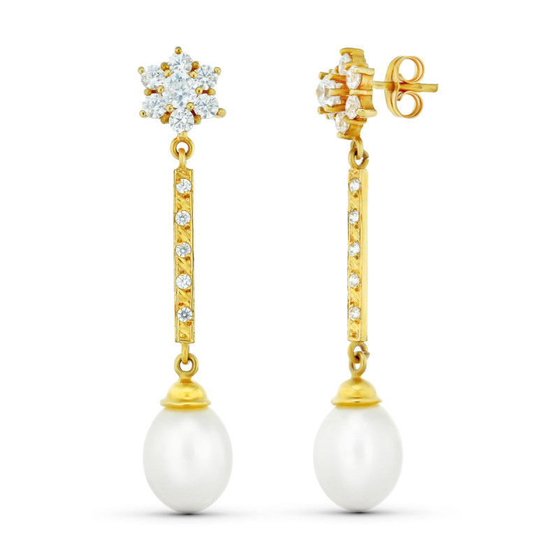 18K PENDIENTES ORO AMARILLO TRES CUERPOS CUAJO Y PERLA. CIERRE PRESION