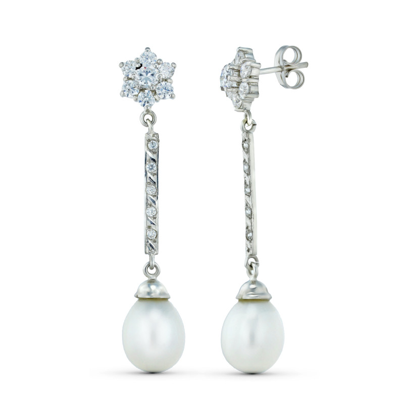 18K PENDIENTES ORO BLANCO TRES CUERPOS CUAJO Y PERLA. CIERRE PRESION