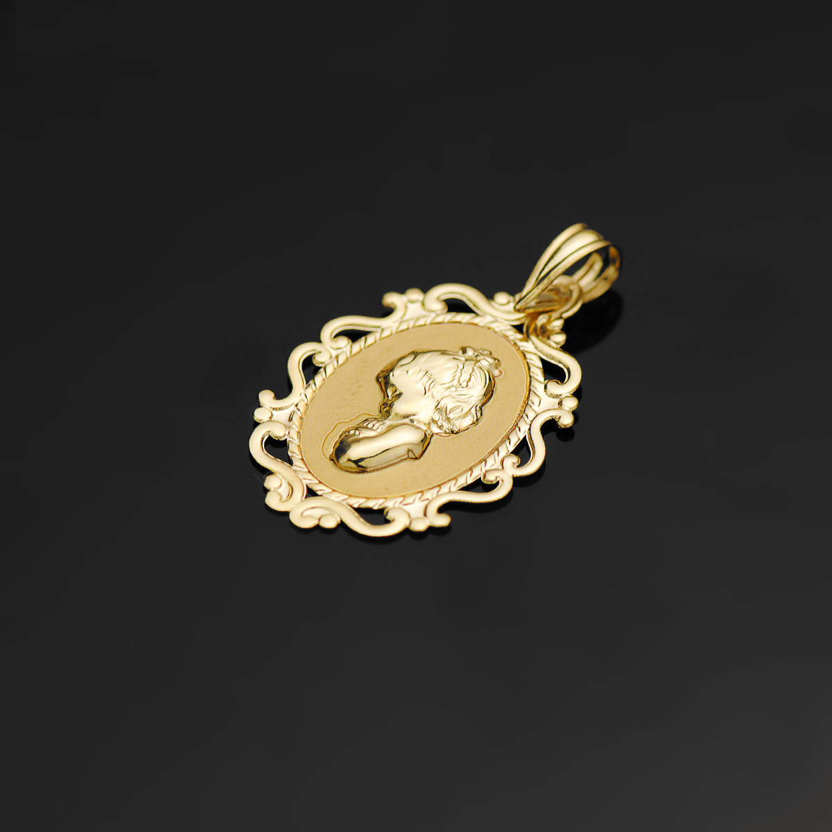 18K MEDALLA ORO AMARILLO VIRGEN NIÑA PERFIL CERCO CALADO BRILLO. 23 X 16 MM