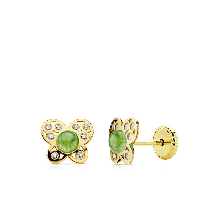 18K PENDIENTES ORO AMARILLO MARIPOSA PIEDRA VERDE Y CIRCONITA CIERRE TUERCA
