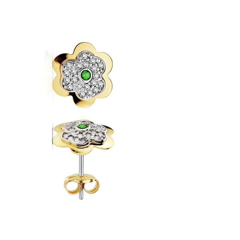18K PENDIENTES ORO AMARILLO FLOR 6 HOJAS ESMERALDA CIRCONITA 6 MM CIERRE PRESION
