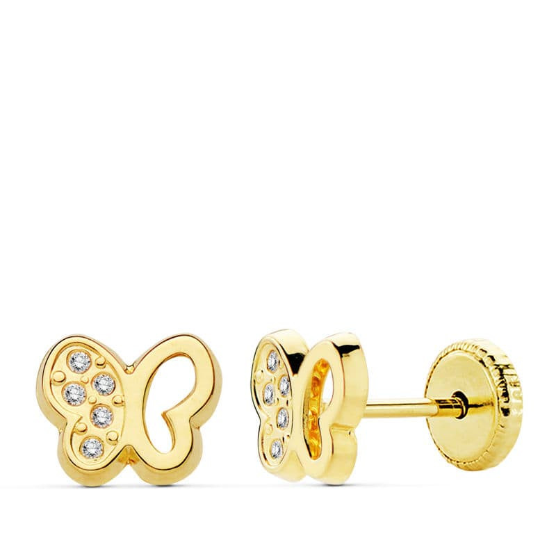 18K PENDIENTES ORO AMARILLO MARIPOSA CIRCONITA 7X6 MM CIERRE TUERCA
