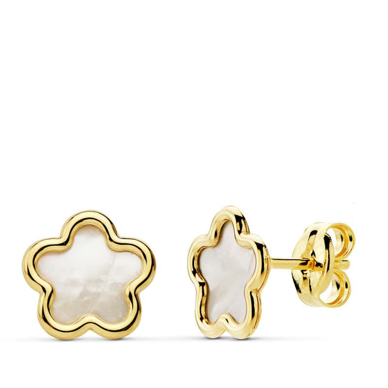 18K PENDIENTES ORO AMARILLO FLOR NACAR 8X8 MM CIERRE PRESION CIERRE PRESION
