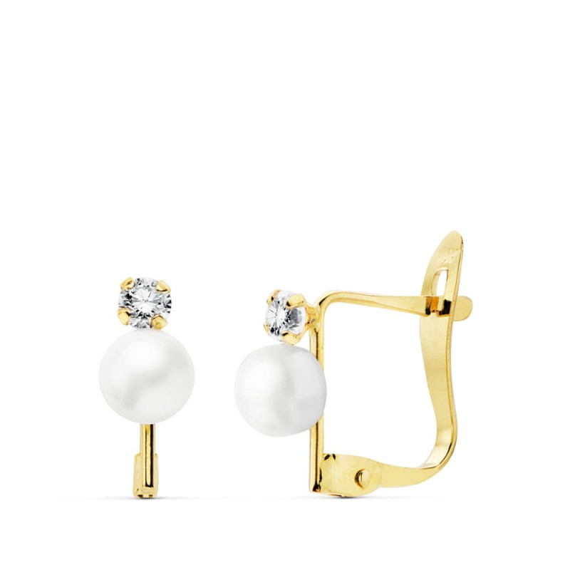 18K PENDIENTES CIRCONITA ORO BICOLOR 2.5 MM PERLA 4.5 MM CIERRE CATALAN
