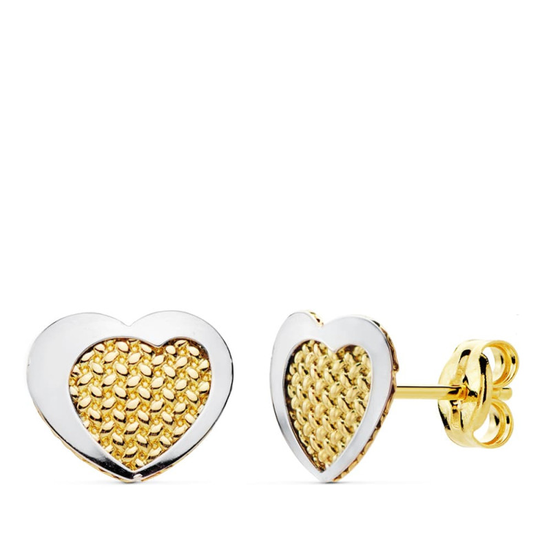 18K PENDIENTES ORO BICOLOR CORAZON 9X7 MM CIERRE PRESION
