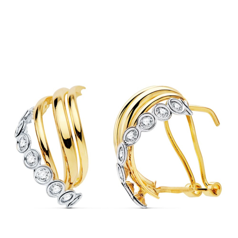 18K PENDIENTES ORO BICOLOR BANDAS 18X10 MM CIERRE OMEGA