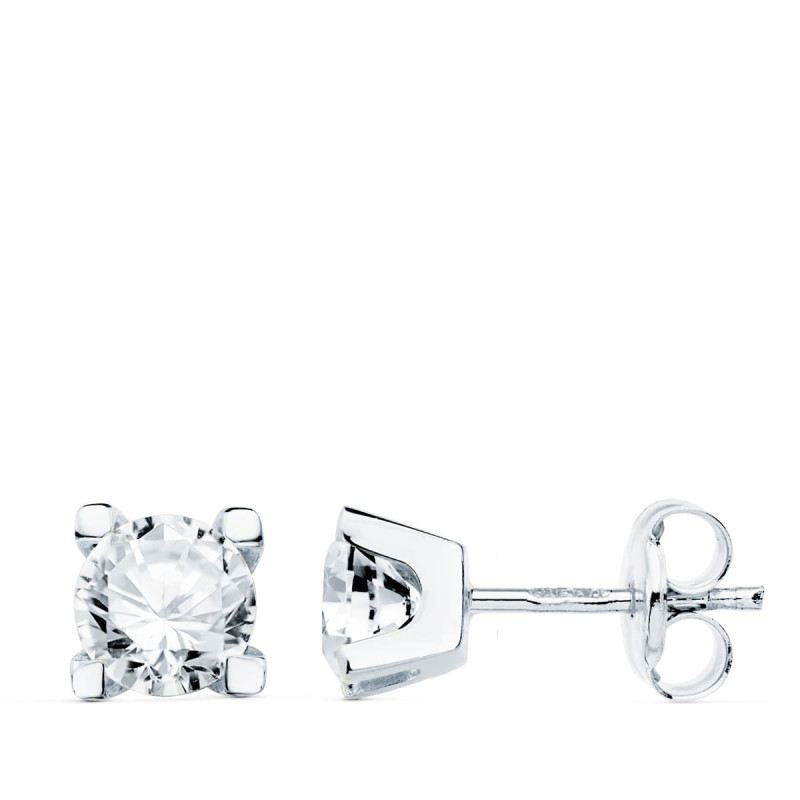 18K PENDIENTES ORO BLANCO CIRCONITA 5 MM 4 GARRAS CIERRE PRESION