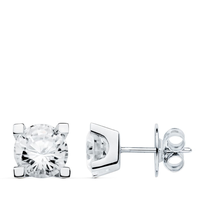 18K PENDIENTES ORO BLANCO 4 GARRAS CIRCONITA 7X7 CIERRE PRESION