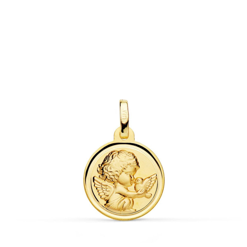 18K MEDALLA ORO AMARILLO ANGEL NIÑO BURLON CON PAJARO BISEL 14 MM