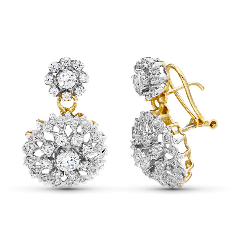 18K PENDIENTES ORO BLANCO ROSETA CIRCONITA 28X16 MM CIERRE OMEGA