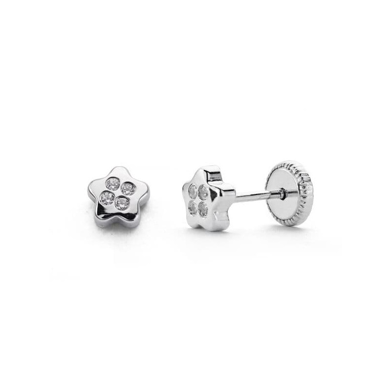 18K PENDIENTES ORO BLANCO ESTRELLA CIRCONITA 5X5 MM CIERRE TUERCA