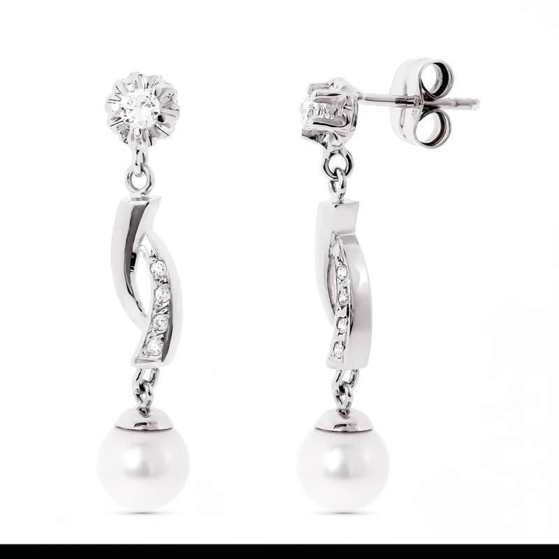 18K PENDIENTES ORO BLANCO Y PERLA CON GARRA DE CIRCONITA CIERRE PRESION