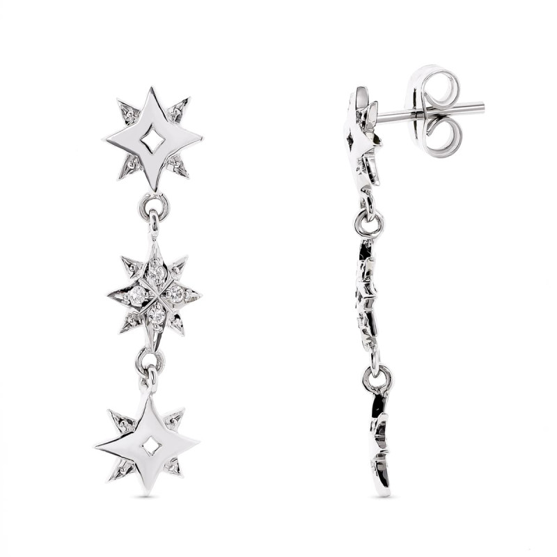 18K PENDIENTES ORO BLANCO ESTRELLAS Y CIRCONITA 28X6 MM CIERRE PRESION