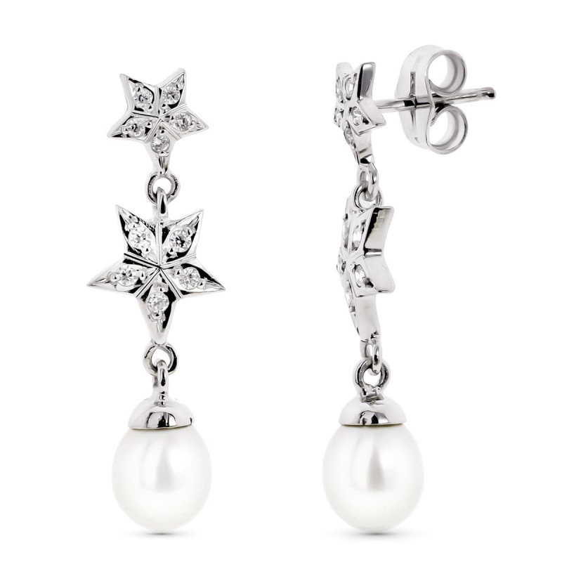 18K PENDIENTES ORO BLANCO CON ESTRELLAS Y PERLA CIERRE PRESION