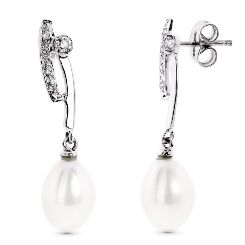 18K PENDIENTES ORO BLANCO LARGOS CON CIRCONITA Y PERLA CIERRE PRESION