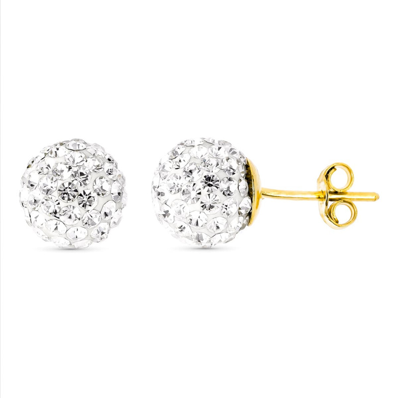 18K PENDIENTES ORO AMARILLO BOLA CIRCONITA 8 MM CIERRE PRESION