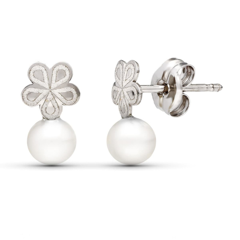 18K PENDIENTES ORO BLANCO PERLA 9X5 MM CIERRE PRESION