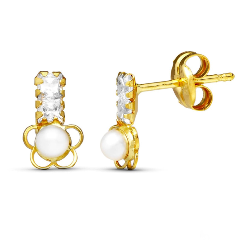18K PENDIENTES ORO AMARILLO PERLA FLOR 8X5 MM CIERRE PRESION