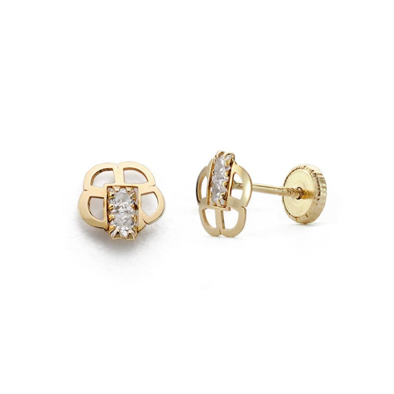 18K PENDIENTES ORO AMARILLO FLOR CIRCONITA 6.5 MM CIERRE TUERCA