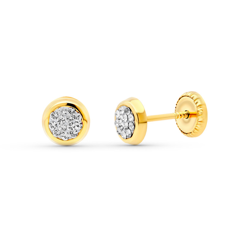 18K PENDIENTES ORO AMARILLO CHATON REDONDOS CIRCONITA 5 MM. CIERRE TUERCA