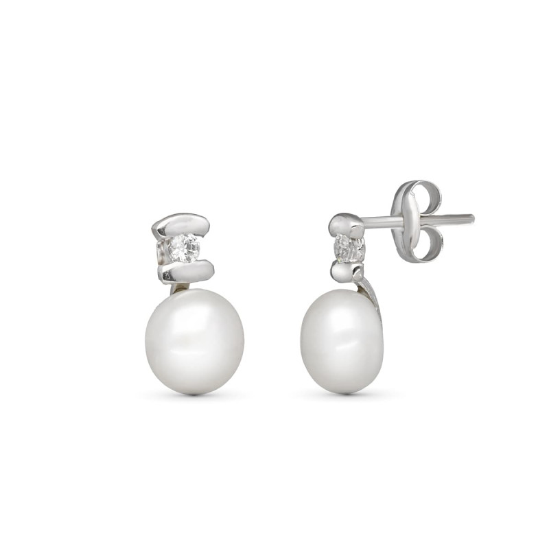 18K PENDIENTES ORO BLANCO PERLA CIRCONITA 10X6 MM CIERRE PRESION