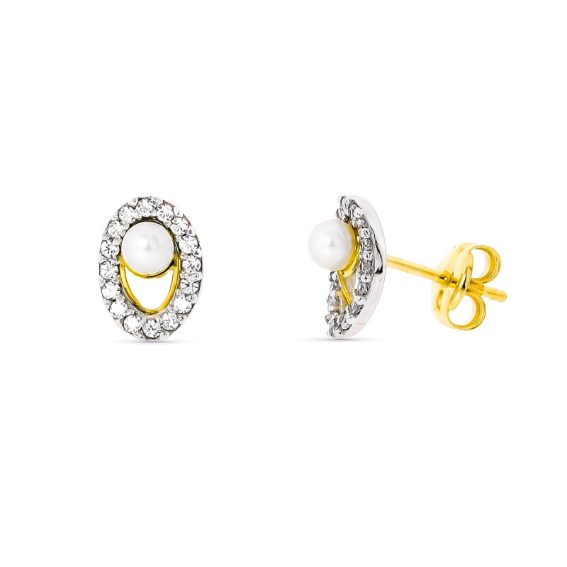 18K PENDIENTES ORO BICOLOR PERLA 3 MM 8X5 MM CIERRE PRESION