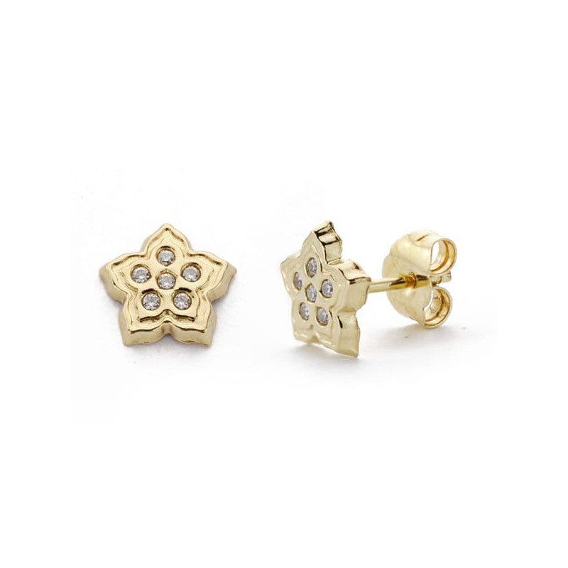18K PENDIENTES ORO AMARILLO FLOR CIRCONITA 7X7 MM CIERRE PRESION