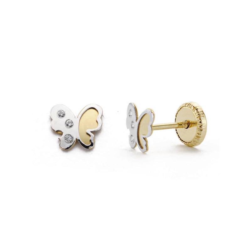 18K PENDIENTES ORO BICOLOR MARIPOSA CIRCONITA 5 MM CIERRE TUERCA