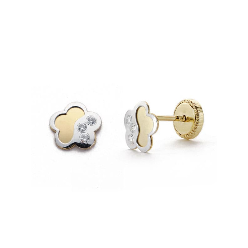 18K PENDIENTES ORO BICOLOR FLOR CIRCONITA 6 MM CIERRE TUERCA