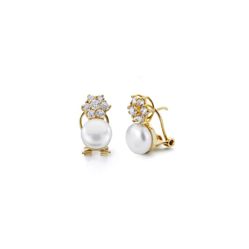 18K PENDIENTES ORO AMARILLO PERLA Y CIRCONITA 15X8 MM CIERRE OMEGA