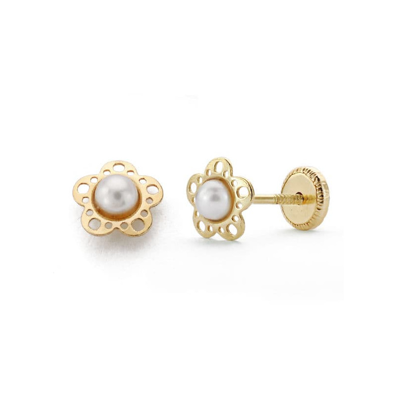 18K PENDIENTES ORO AMARILLO NIÑA FLOR PERLITA TUERCA