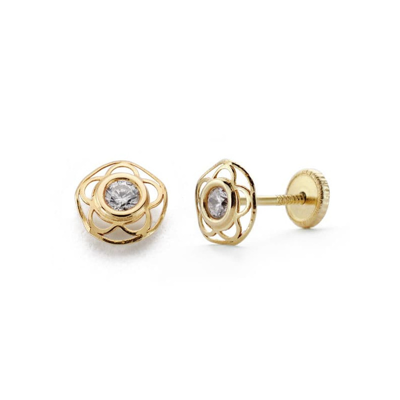 18K PENDIENTES ORO AMARILLO NIÑA FLOR CIRCONITA TUERCA