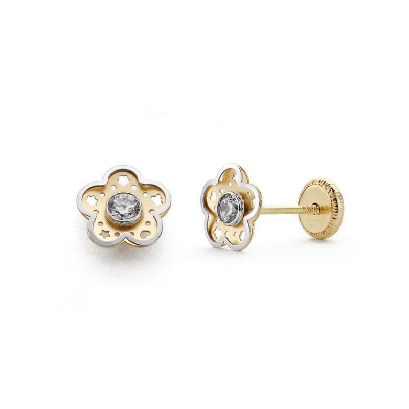 18K PENDIENTES BICOLOR FLOR CIRCONITA 7 MM CIERRE TUERCA