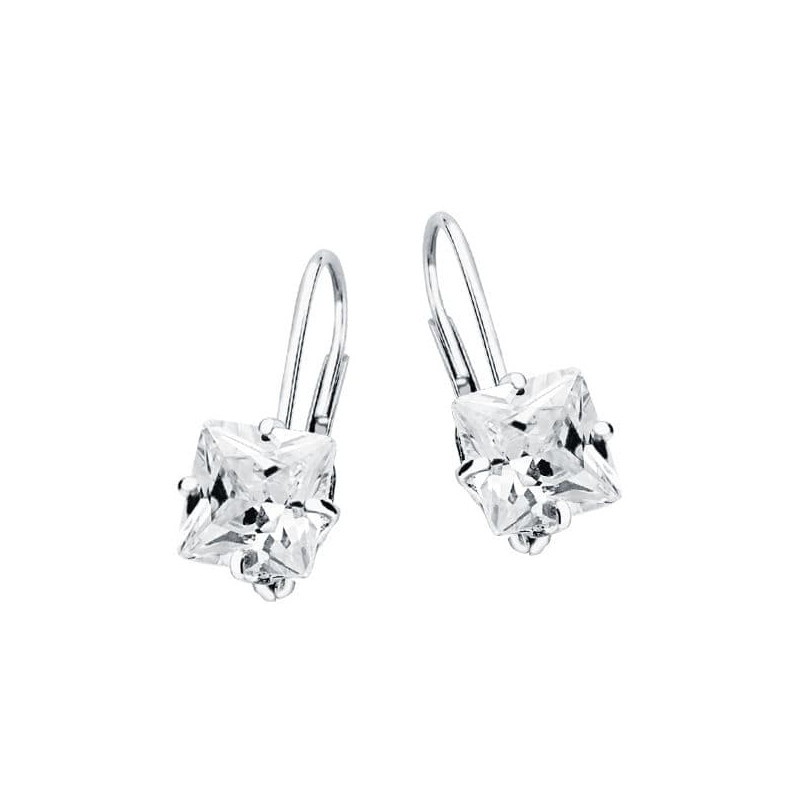18K PENDIENTES ORO BLANCO PIEDRA CUADRADA 7X7 MM CIERRE GANCHO