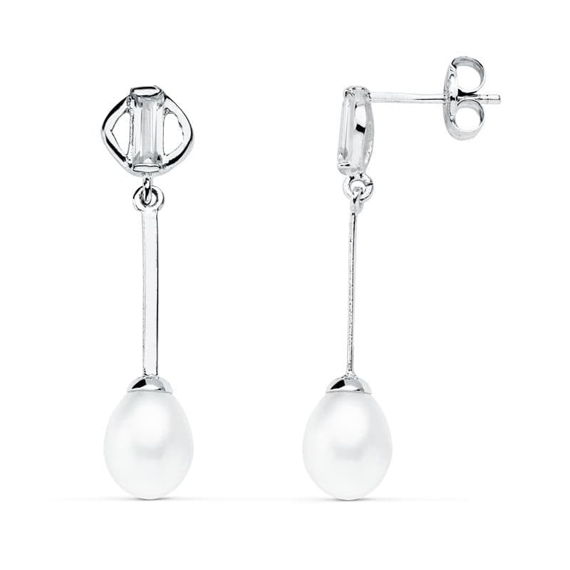 18K PENDIENTES ORO BLANCO PERLA 29X6 MM CIERRE PRESION