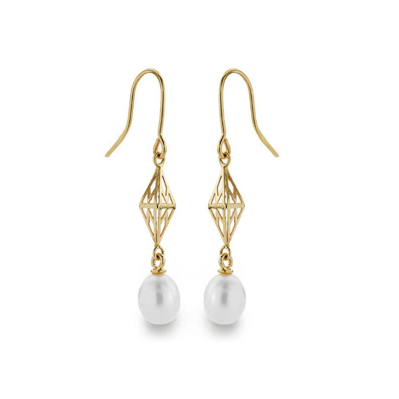 18K PENDIENTES PERLA GANCHO ORO AMARILLO 40X7 MM CIERRE GANCHO