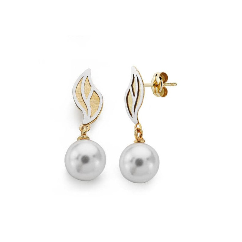 18K PENDIENTES BICOLOR PERLA 22X8 MM CIERRE PRESION