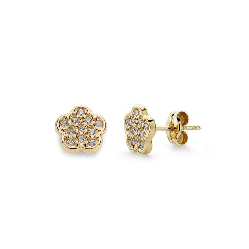 18K PENDIENTES ORO AMARILLO FLOR CIRCONITA 7X7 MM CIERRE PRESION
