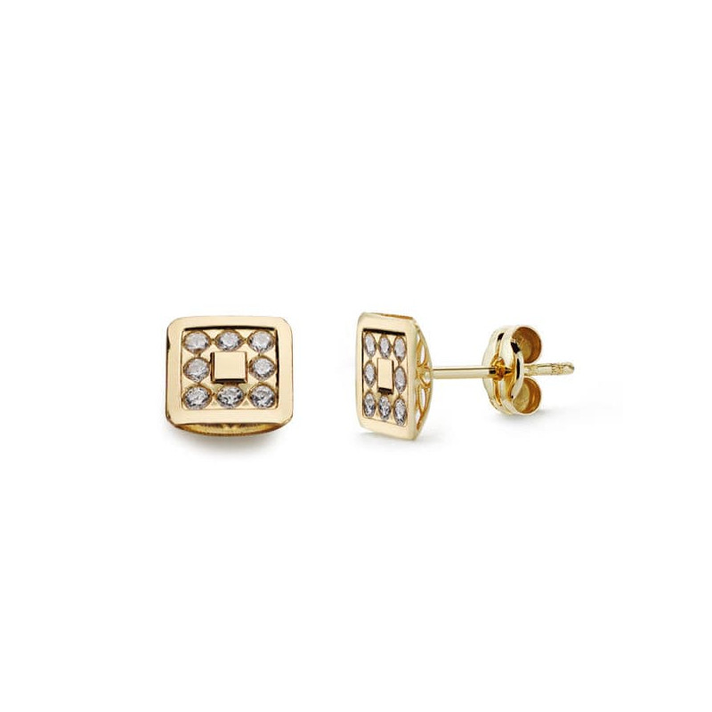 18K PENDIENTES ORO AMARILLO CUADRADOS CIRCONITA 7X7 MM CIERRE PRESION