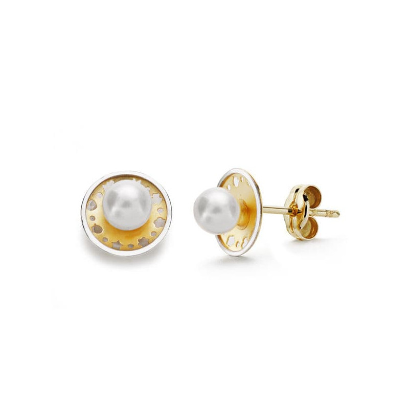 18K PENDIENTES ORO BICOLOR REDONDOS Y PERLA 8 MM PRESION